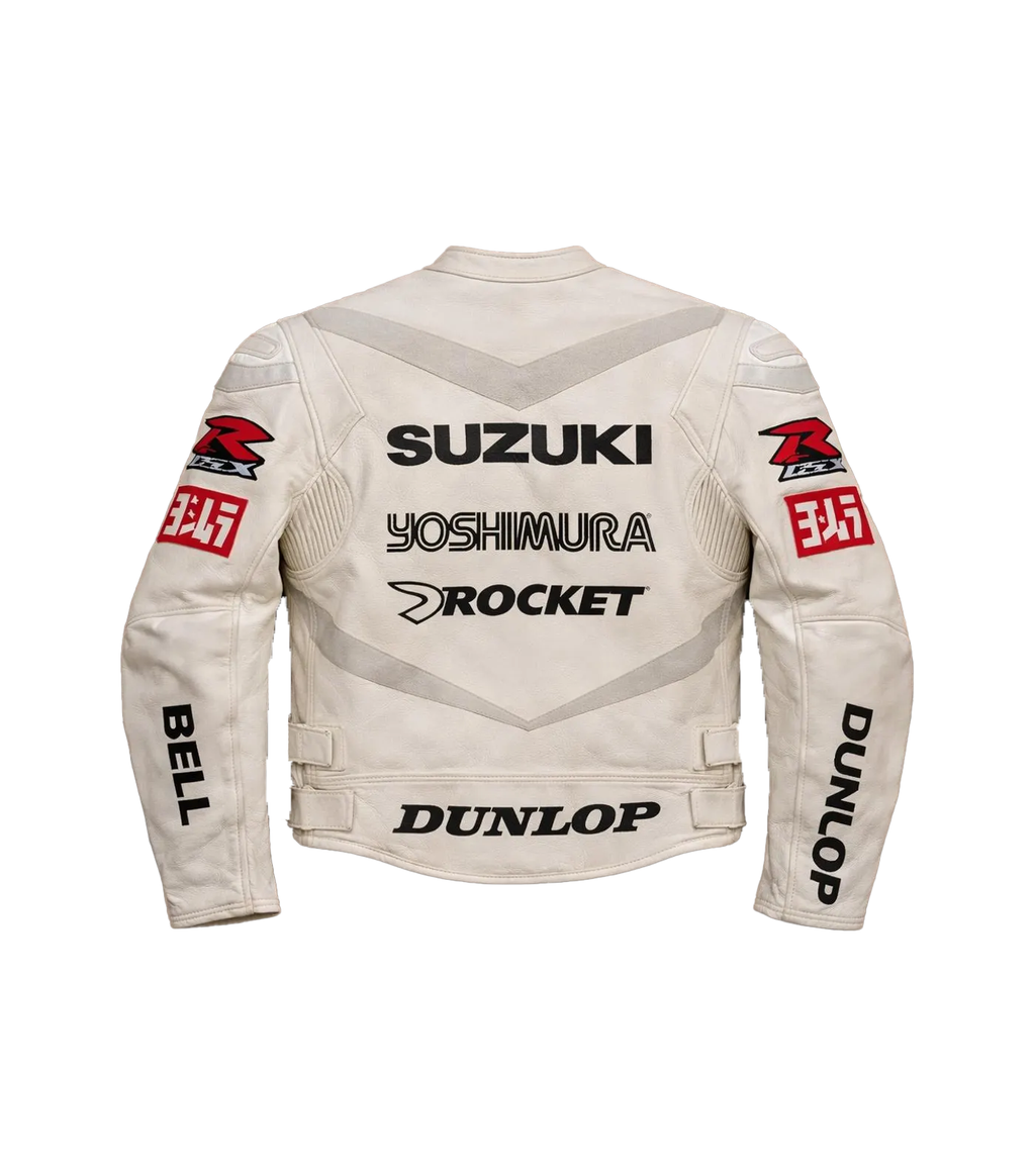 SUZUKI YOSHIMURA WHITE MOTORCYCLE LEATHER RACING JACKET SIZE SM/MED