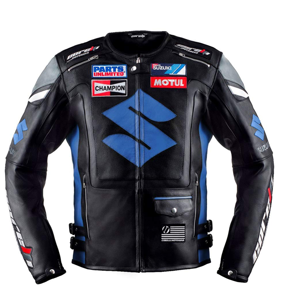 BLUE SUZUKI MOTUL MOTORCYCLE LEATHER RACING JACKET
