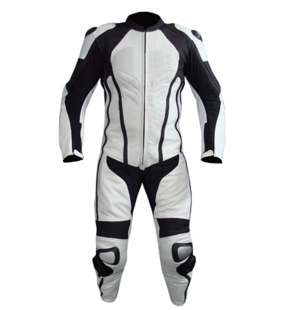 MEN MOTORCYCLE RIBS LEATHER RACING BLACK/WHITE SUIT