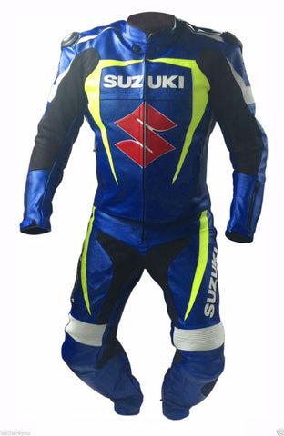 SUZUKI BLUE AND YELLOW  MOTORCYCLE LEATHER RACING SUIT