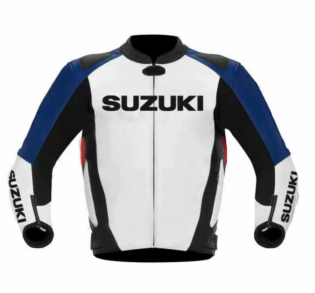 SUZUKI WHITE AND BLUE MOTORCYCLE LEATHER RACING JACKET
