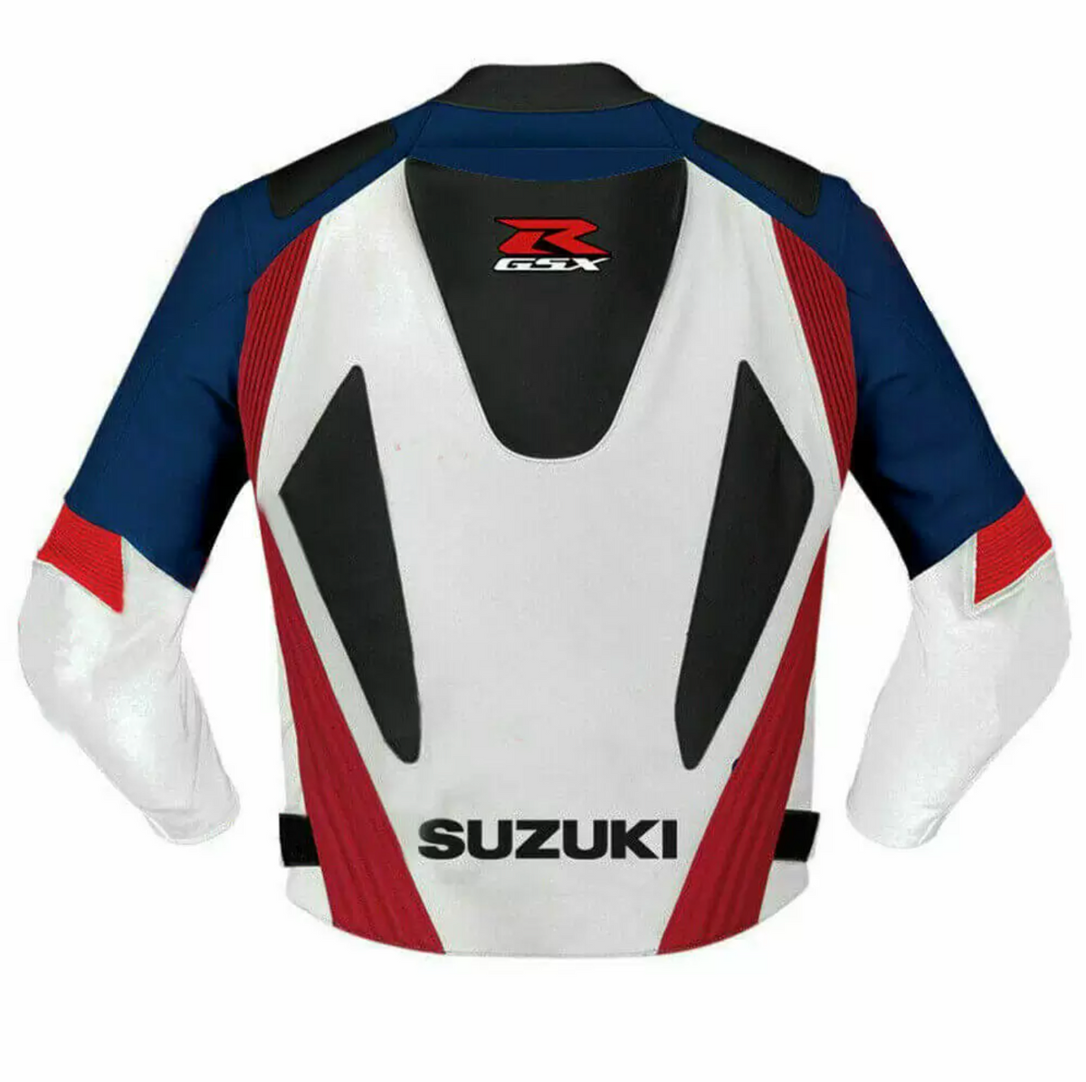 SUZUKI WHITE AND BLUE MOTORCYCLE LEATHER RACING JACKET