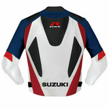 SUZUKI WHITE AND BLUE MOTORCYCLE LEATHER RACING JACKET
