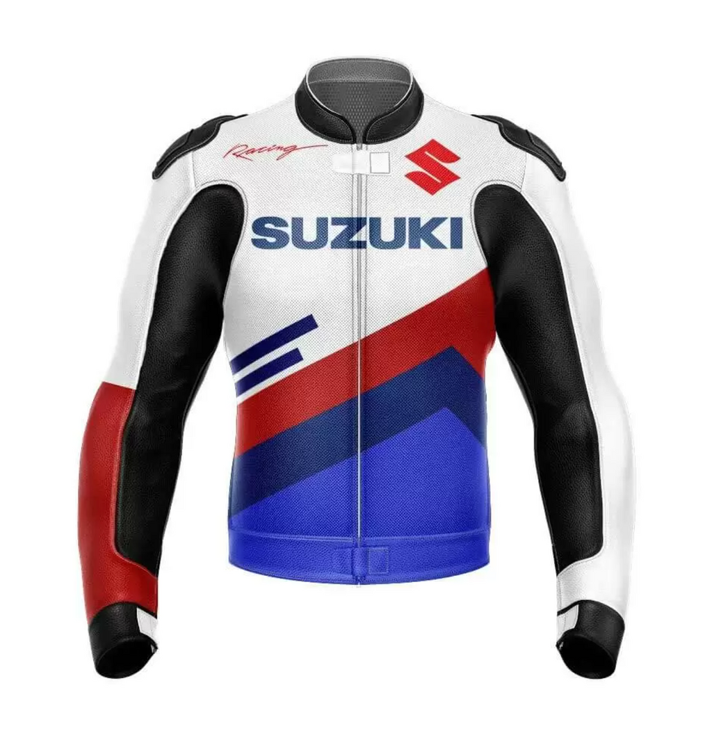 SUZUKI WHITE MOTORCYCLE LEATHER RACING JACKET