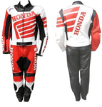 HONDA MOTORCYCLE RED AND WHITE TWO PIECE LEATHER RACING SUIT