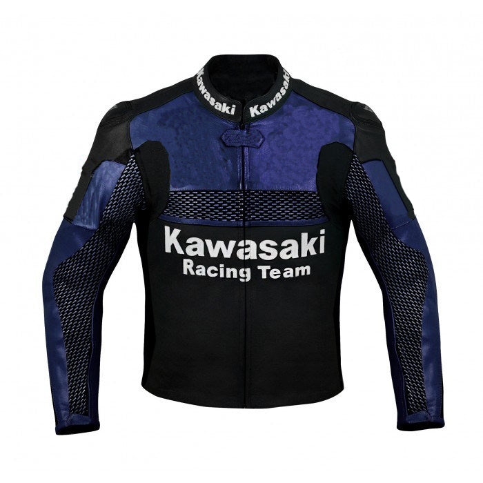 MEN KAWASAKI MONSTER MOTORCYCLE BLUE LEATHER RACING JACKET