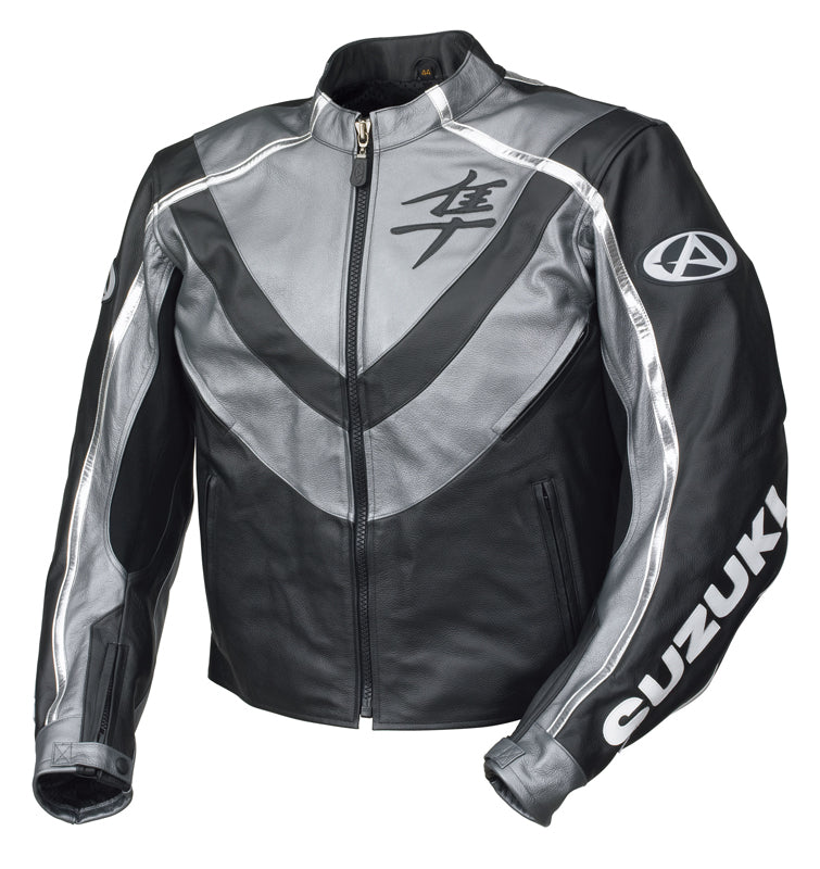 SUZUKI HAYABUSA GRAY MOTORCYCLE LEATHER RED RACING JACKET