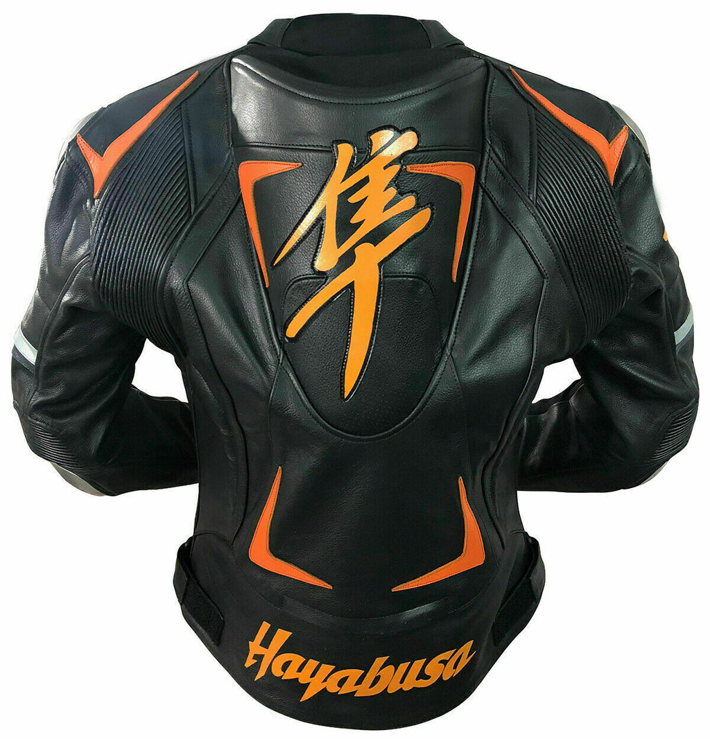 SUZUKI HAYABUSA ORANGE MOTORCYCLE LEATHER RACING JACKET