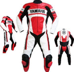 YAMAHA MOTORCYCLE RED AND WHITE LEATHER RACING SUIT