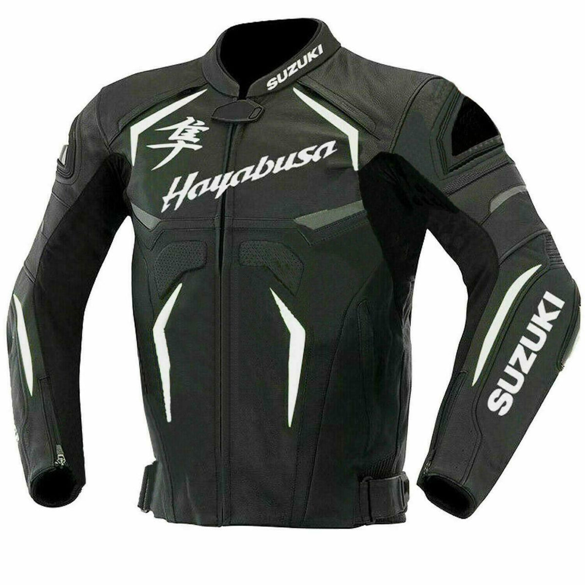 SUZUKI HAYABUSA MEN BLACK MOTORCYCLE LEATHER RED RACING JACKET
