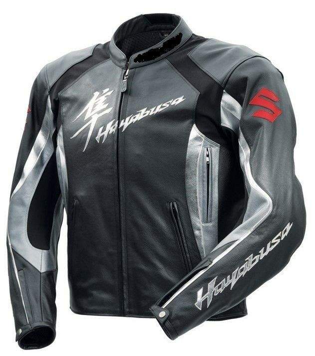 GREY SUZUKI HAYABUSA MOTORCYCLE LEATHER RACING JACKET