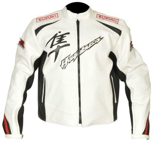 SUZUKI HAYABUSA MOTORCYCLE LEATHER RACING WHITE JACKET