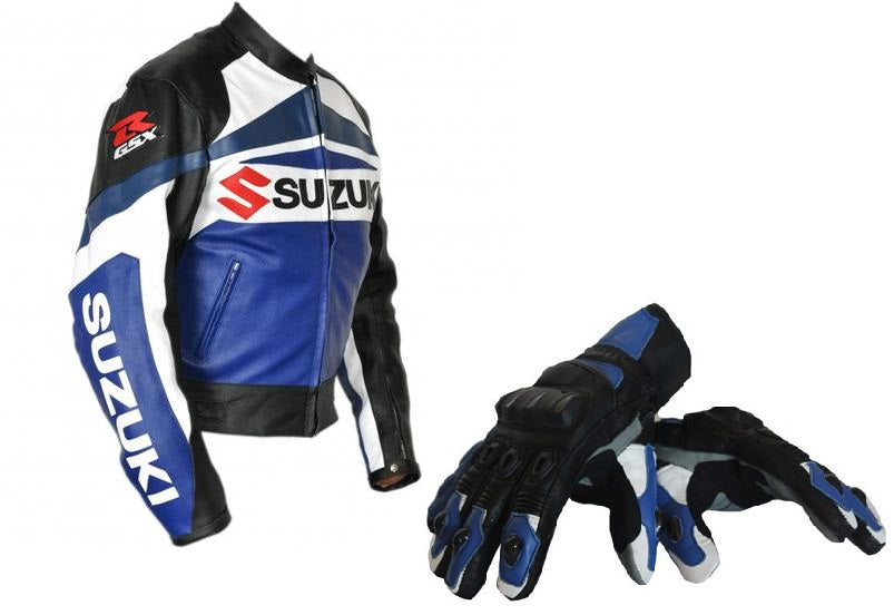SUZUKI GSXR MOTORCYCLE BLUE LEATHER RACING JACKET